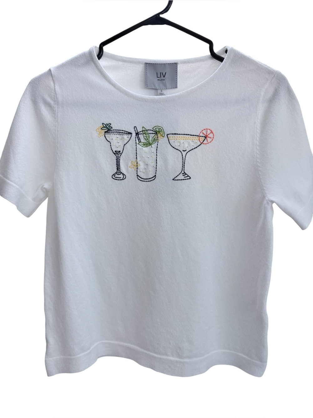 NWT LIV Milano White Cocktail Knit Graphic T-Shirt Sz Small